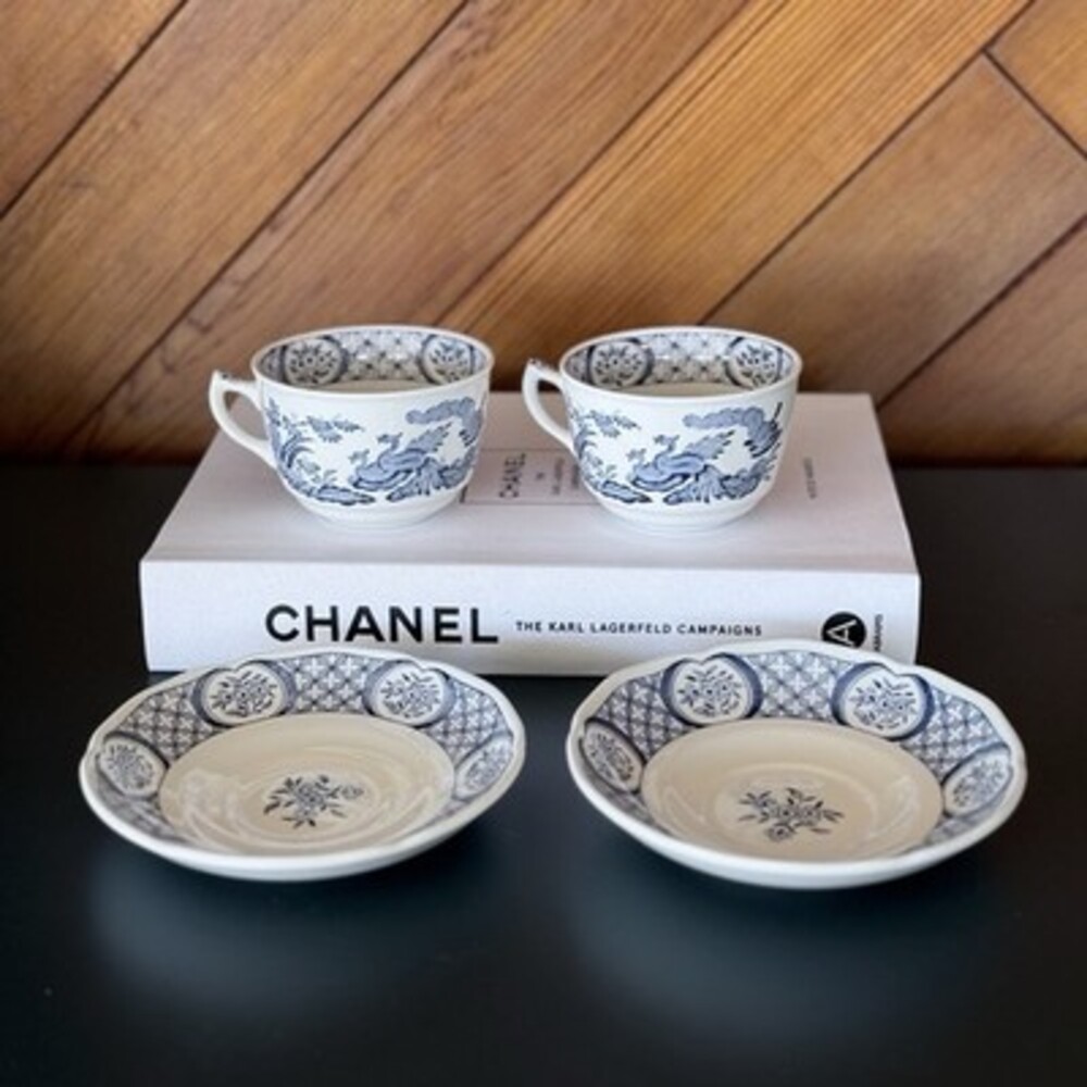 Antique FURNIVALS OLD CHELSEA BLUE & WHITE Small Demitasse Cups And Saucers x2